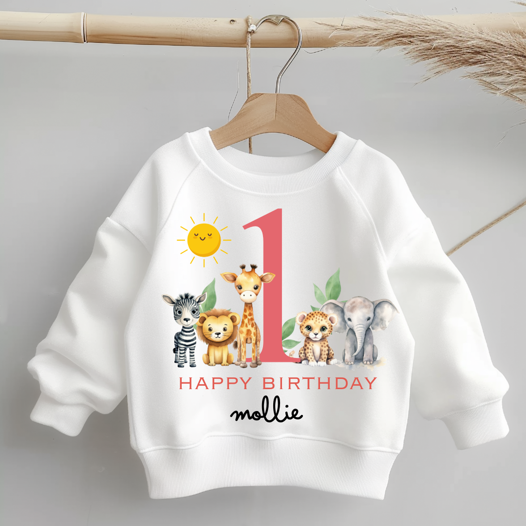 Personalised Girls First Birthday Jumper, Birthday Sweatshirt for Children,  Pink Safari