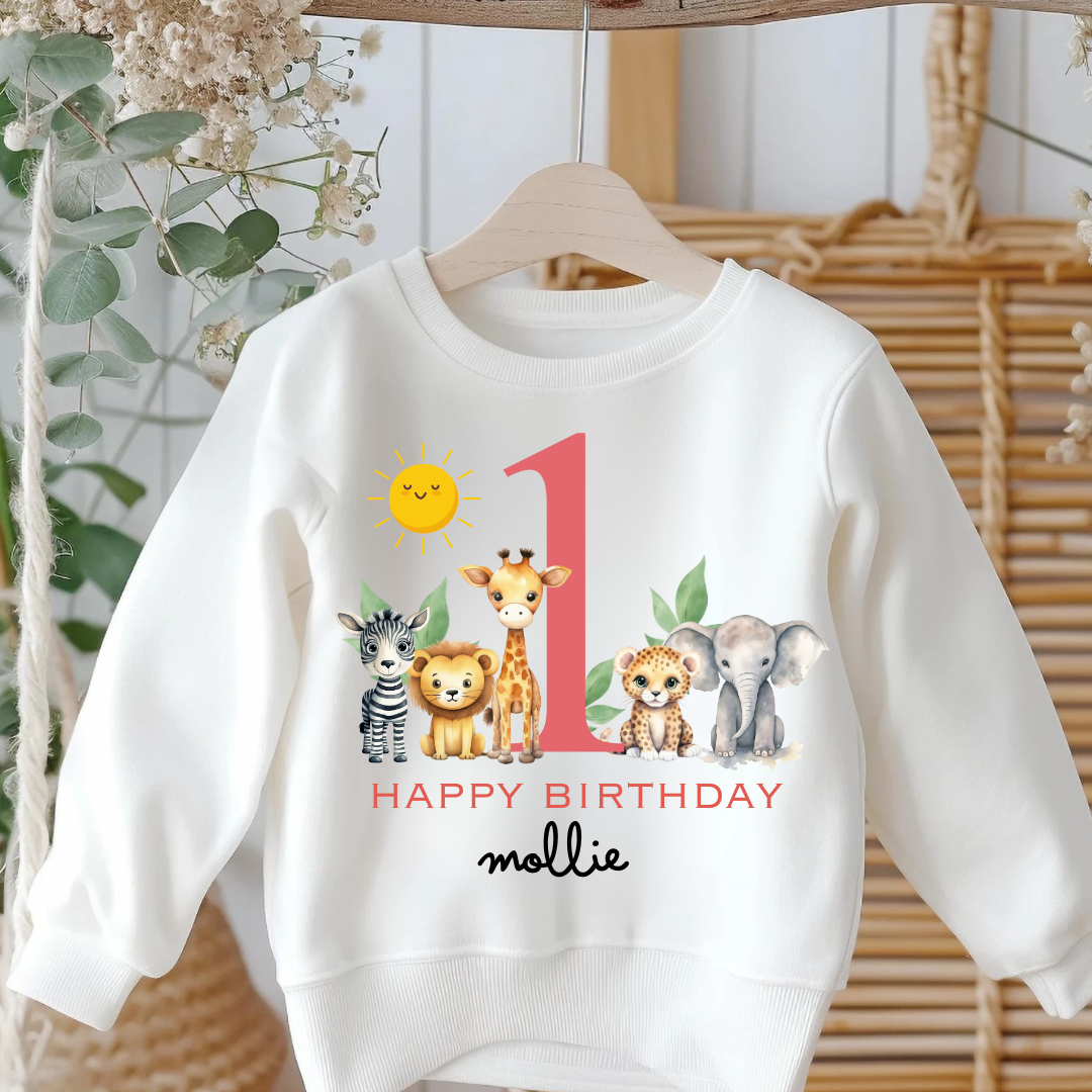 Personalised Girls First Birthday Jumper, Birthday Sweatshirt for Children,  Pink Safari