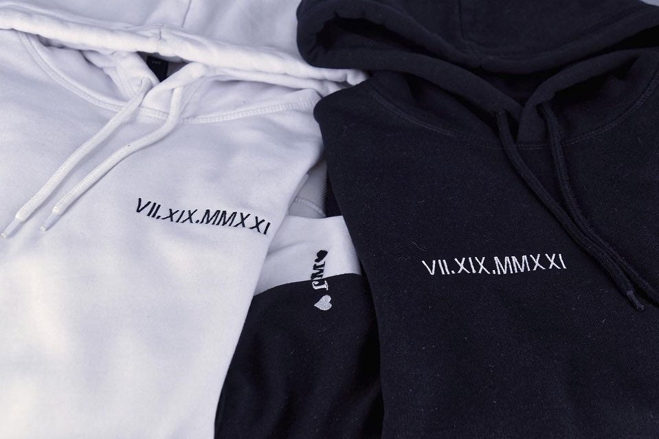 Personalised embroidered Couple hoodie with Roman Numerals