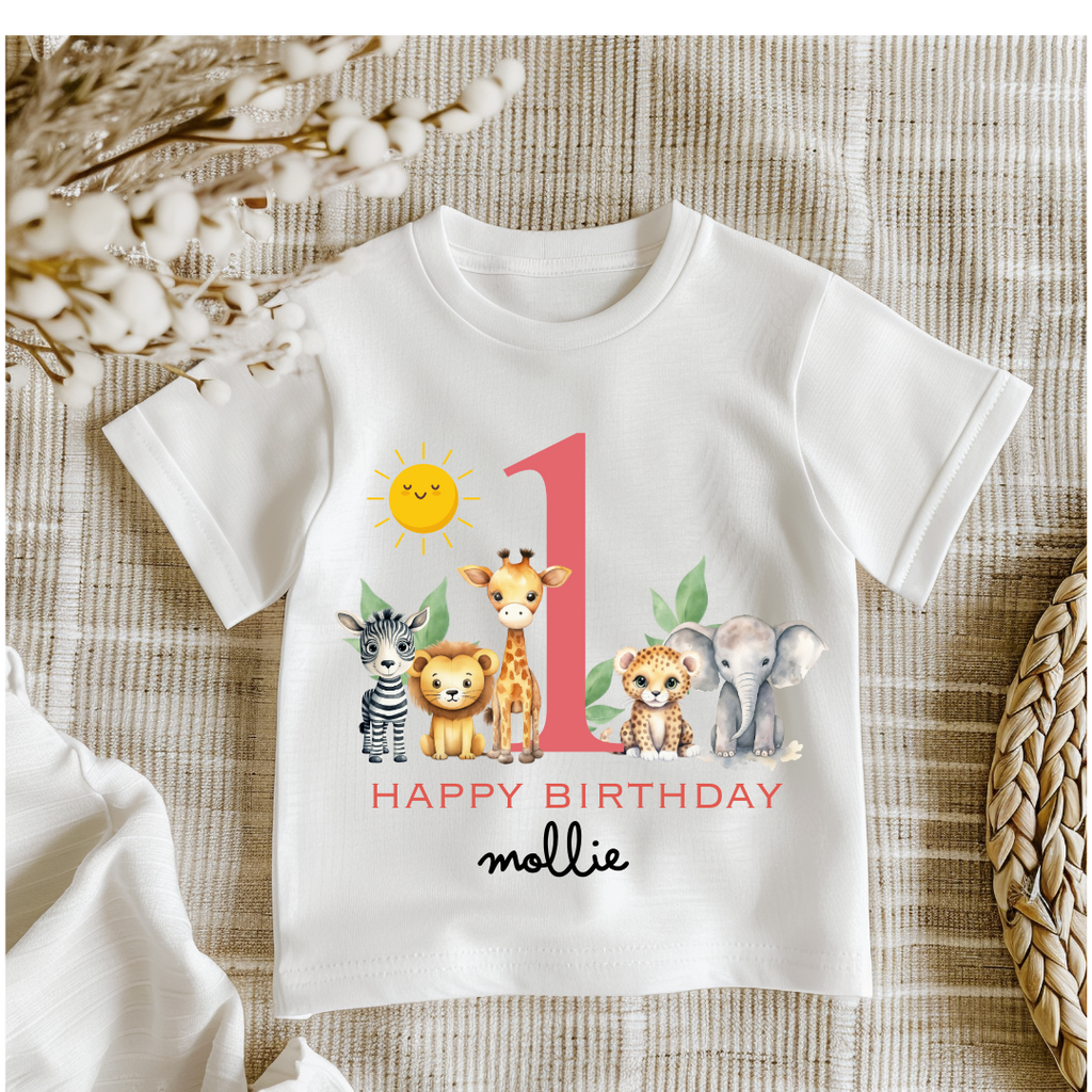 Personalised Girls First Birthday Jumper, Birthday Sweatshirt for Children,  Pink Safari