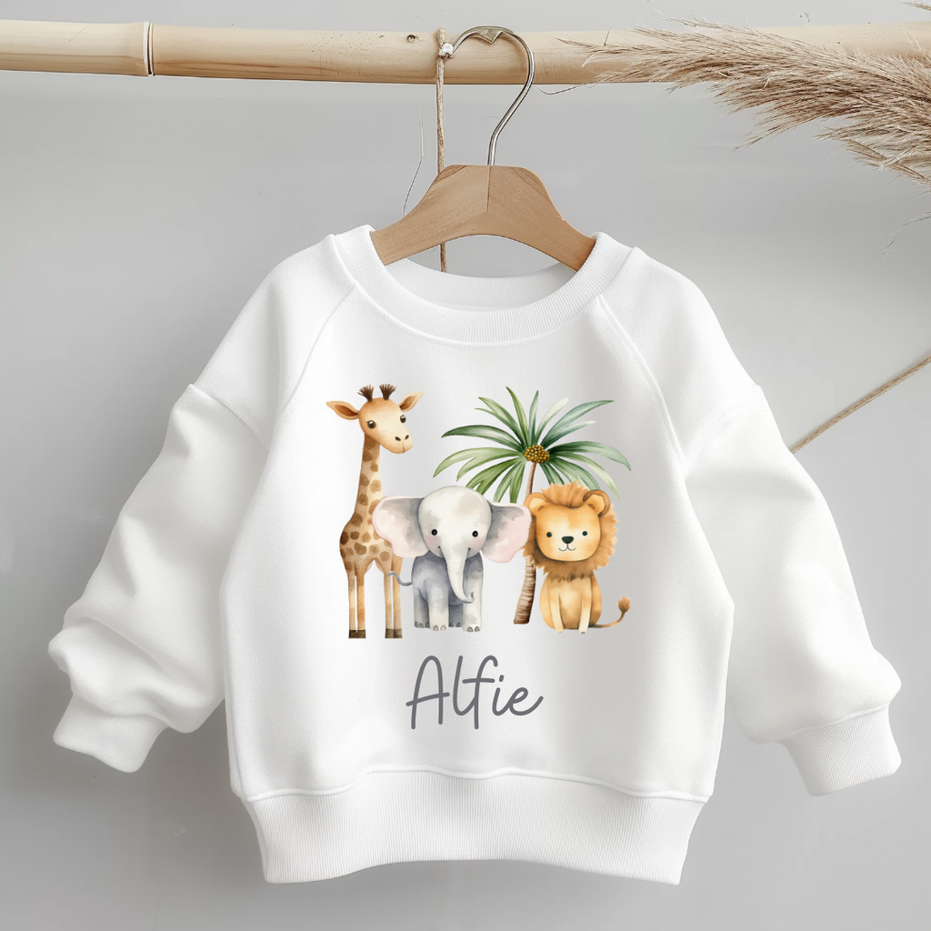 Personalised Safari Kids Sweatshirt - Custom Toddler Clothing - Safari Animals Theme Jumper - Children Name Gift - Jungle Animals Sweater