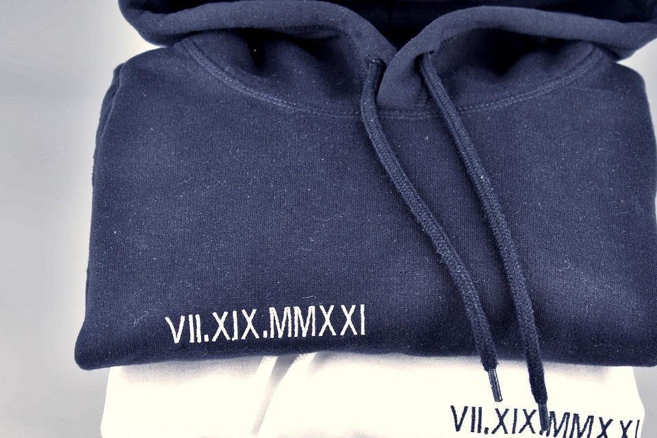 Personalised embroidered Couple hoodie with Roman Numerals