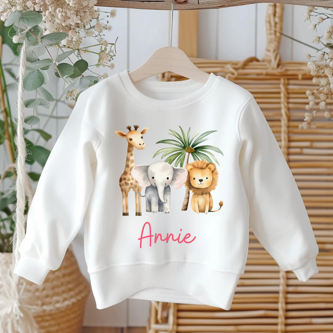 Personalised Safari Kids Sweatshirt - Custom Toddler Clothing - Safari Animals Theme Jumper - Children Name Gift - Jungle Animals Sweater