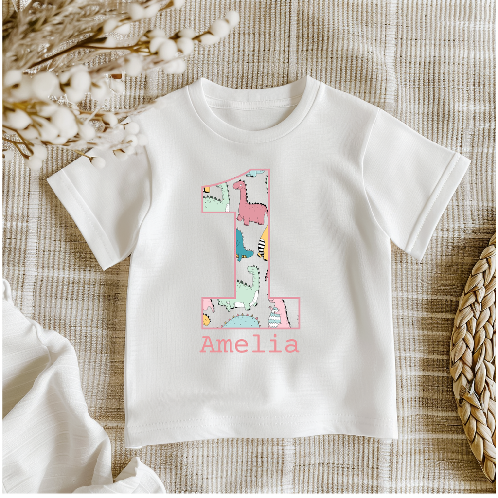 Girls 1st Birthday Dinosaur Personalised Kids Shirt - Custom First Dino Birthday Tee - Dino Theme Children Birthday Gift Top