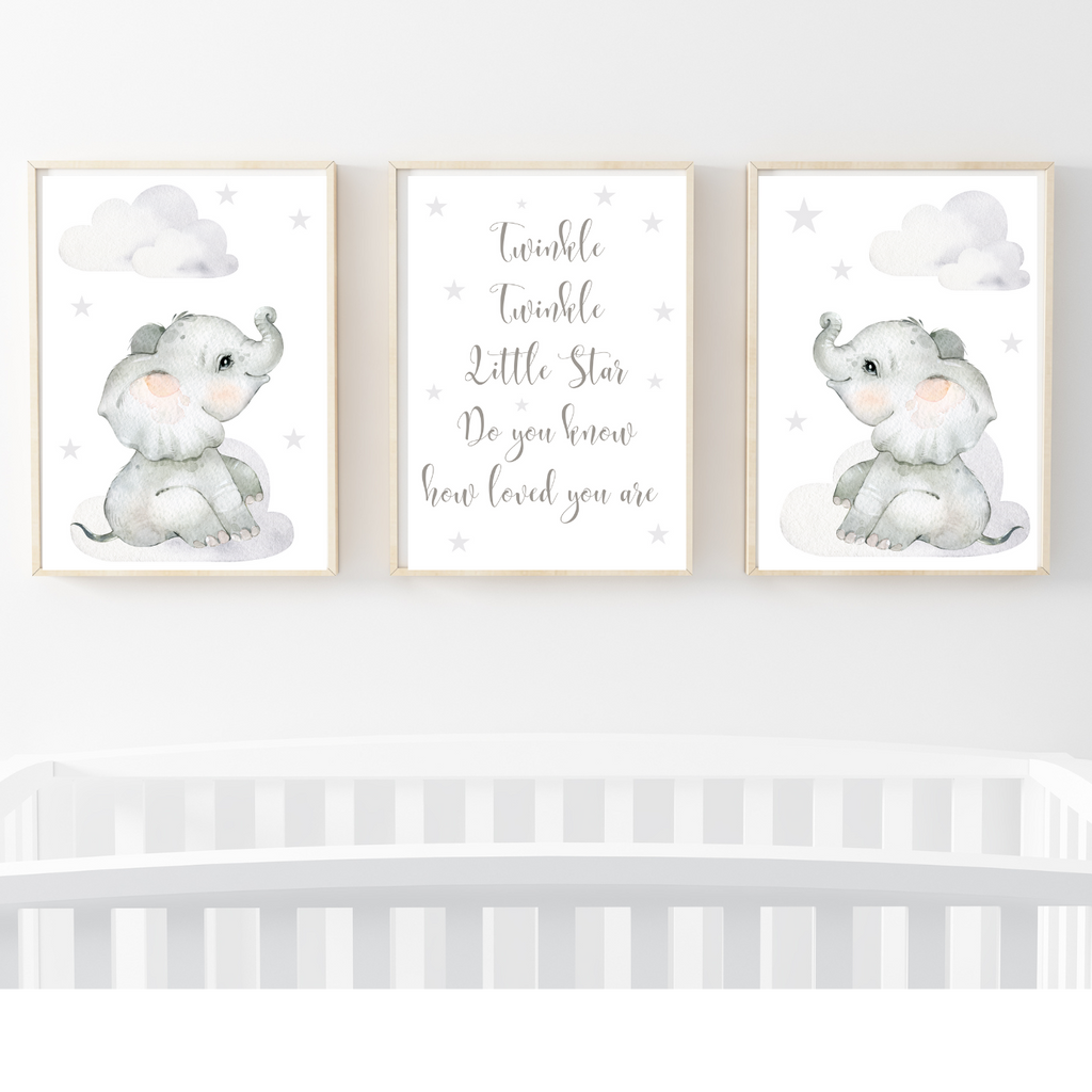 Set of 3 Nursery Wall Art Cute Grey Elephant, Wall Art Gender Neutral