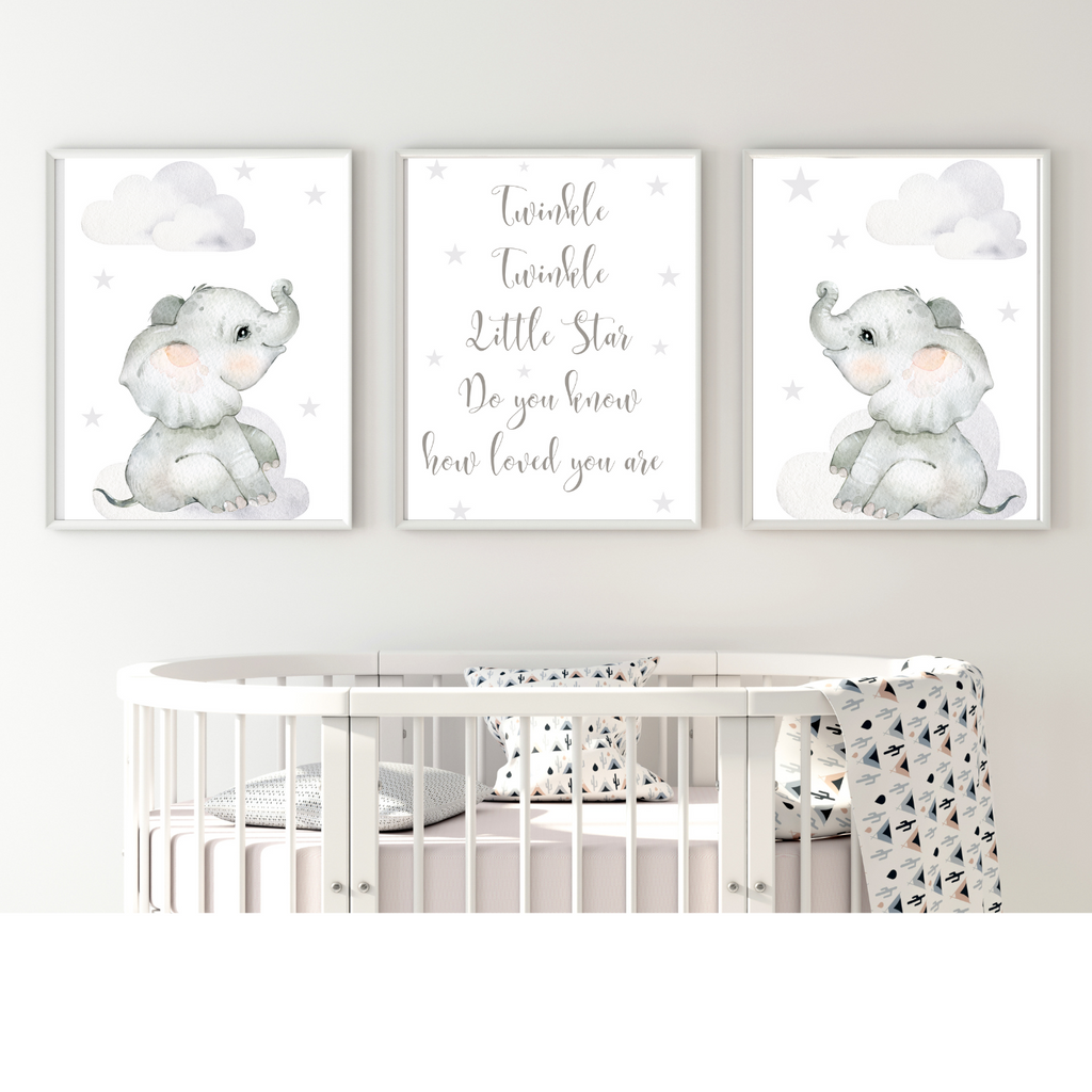 Set of 3 Nursery Wall Art Cute Grey Elephant, Wall Art Gender Neutral