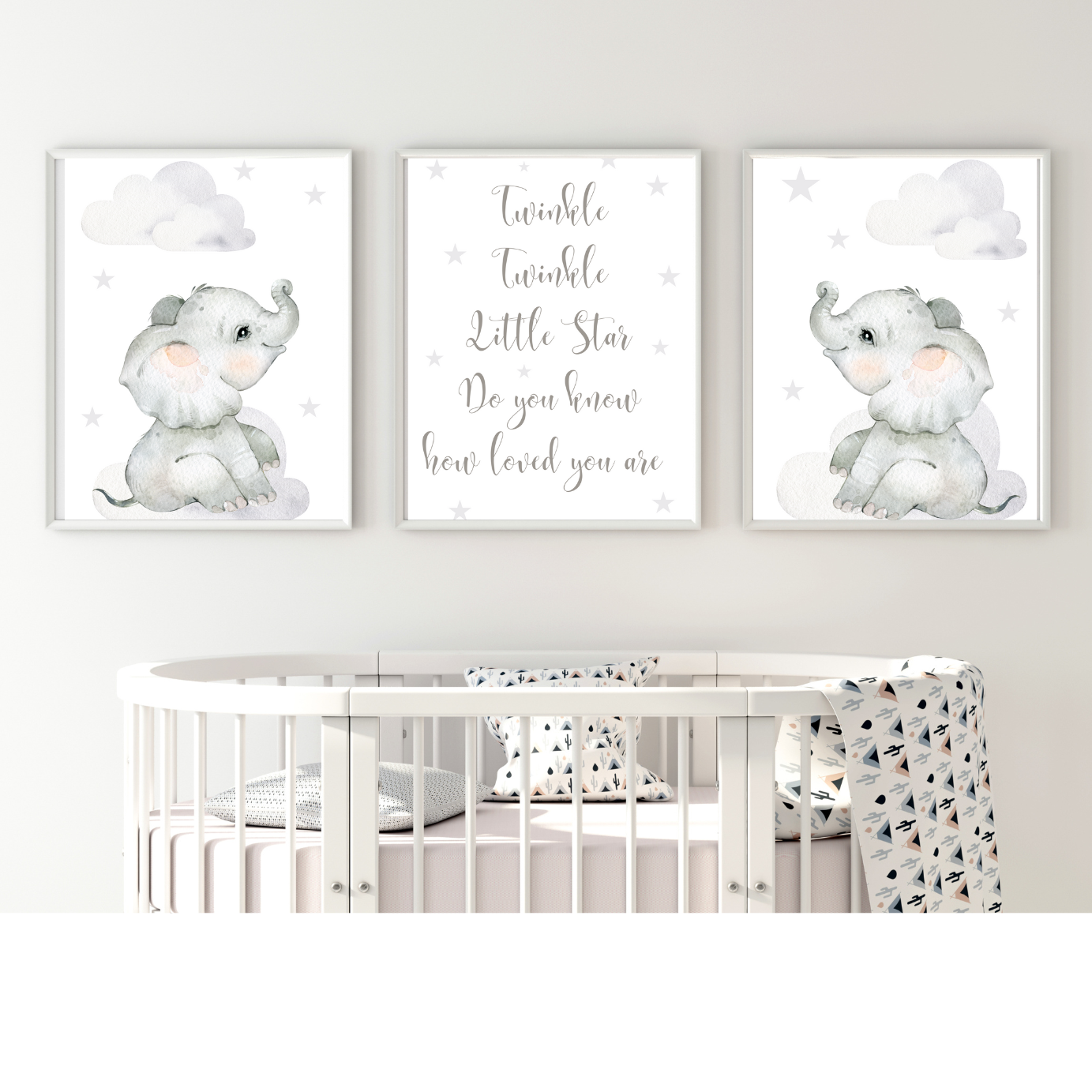 Set of 3 Nursery Wall Art Cute Grey Elephant, Wall Art Gender Neutral