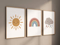Set of 3 Nursery Wall Art Sun Rainbow Cloud  Watercolour, Wall Art Gender Neutral