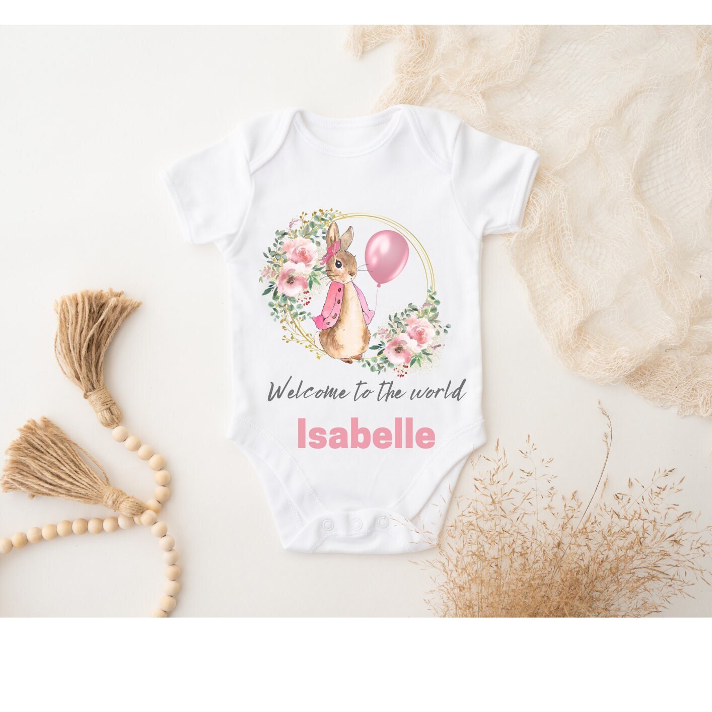 Personalised Pink Rabbit Initial Sleepsuit, Vest, New Girl Gift, Coming Home Gift, New Baby, Pregnancy Announcement vest